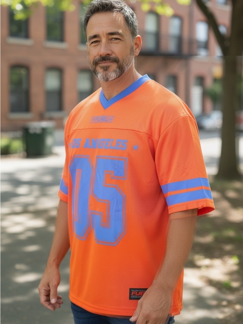FUBU Orange Mesh Jersey with Blue Trim and '05' Front